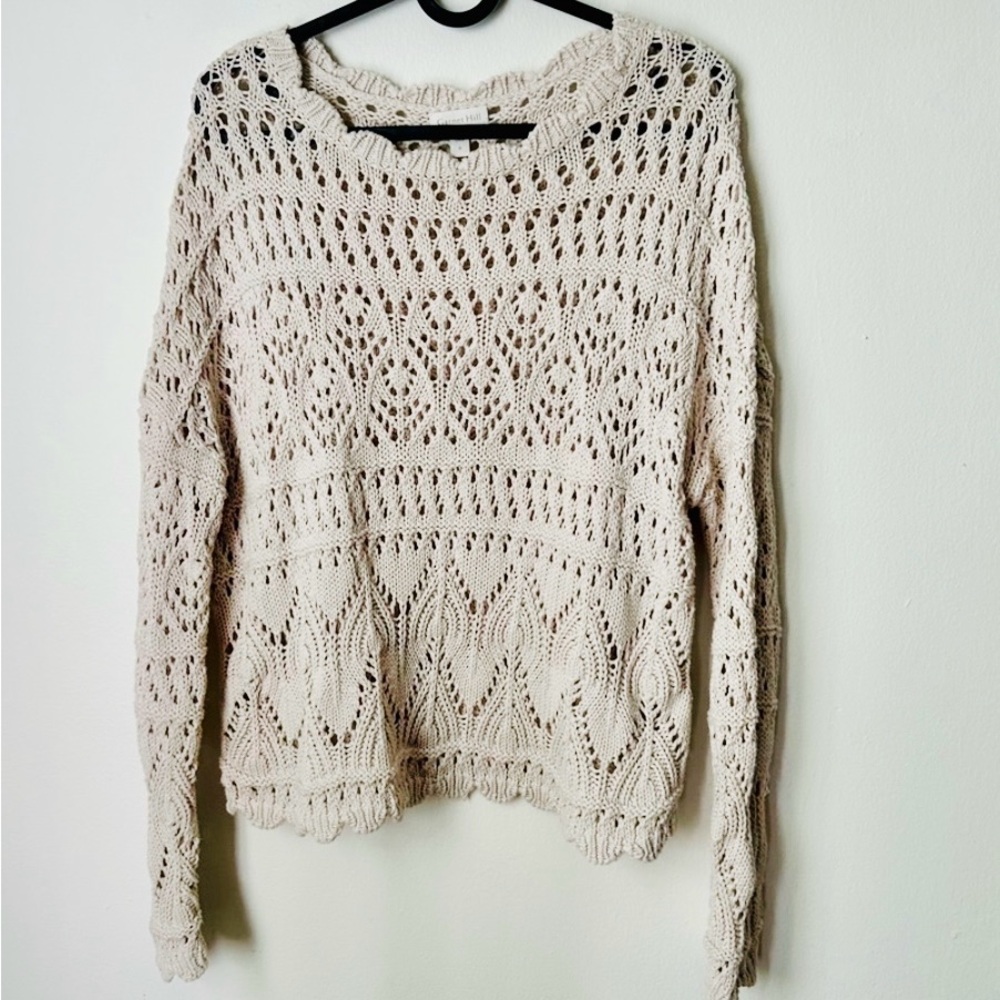 Garnet Hill | Organic Cotton Modest Cropped Crochet Knit Sweater - Picture 2 of 13